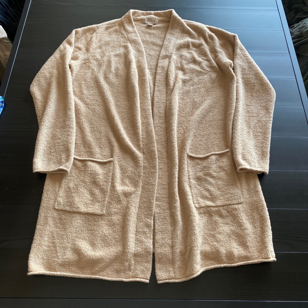 Barefoot Dreams CozyChic Lite Open Front Cardigan Tan Large Pocket Sweater